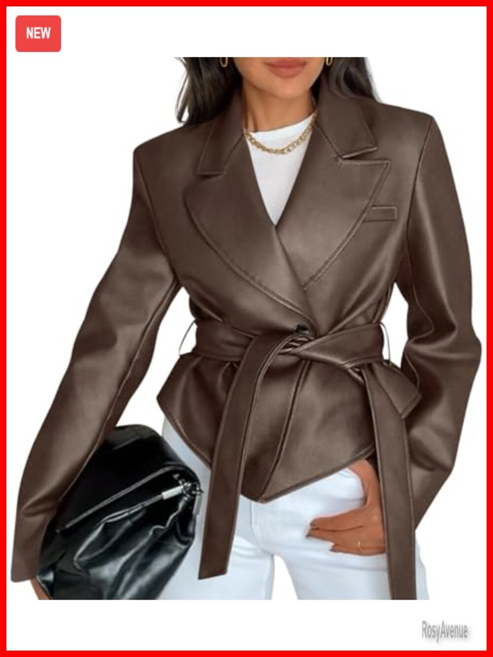 Faux Leather Blazer Jacket Belt Button Down Notch Collar Casual Coat